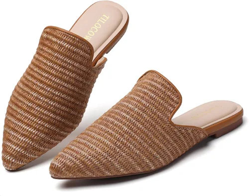 Vista 13 de Tilocow Mules para mujer, cómodos mocasines puntiagudos, sin espalda, planos, zapatos casuales de negocios, deslizantes, sin cordones beige