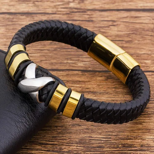 Vista 2 de TTNDstore 10081 - Pulsera de cuero genuino para hombre color dorado trenzado accesorios