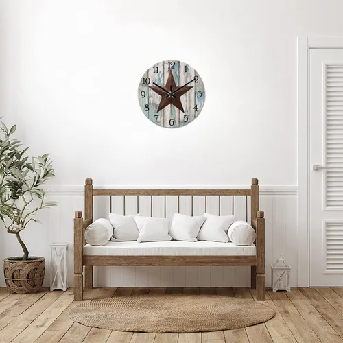 Vista 7 de Reloj de pared vintage con estrella de Texas occidental de madera rústica, sin tictac, silencioso, funciona con pilas, fácil de leer, elegante reloj