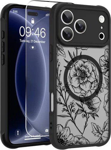 Vista 32 de OOK Funda magnética para iPhone 13 Pro Max [compatible con MagSafe] Funda delgada translúcida mate con flor silvestre negra, protección para lente