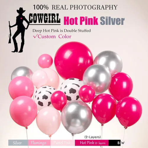 Vista 7 de Decoración de fiesta de despedida de soltera de vaquera con arco de globos de color rosa intenso y plateado, botas de disco con estampado de vaca