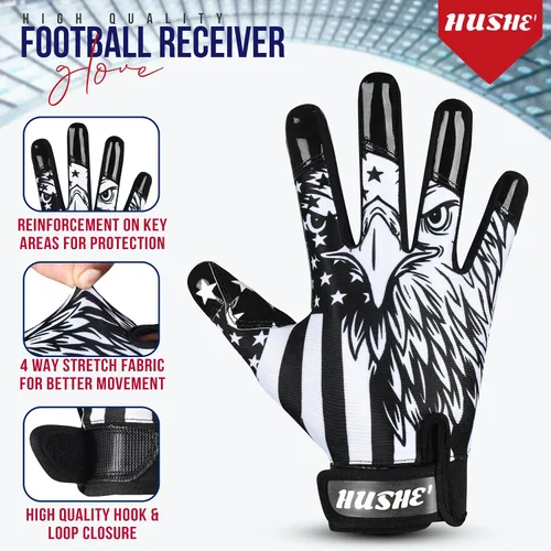 Vista 3 de Hushe' Guantes de fútbol con bandera americana de silicona con agarre para jóvenes, guantes receptores de fútbol con bandera de EE. UU. Guantes