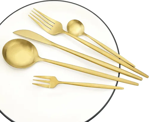 Vista 4 de Juego de 6 tenedores de postre de acero inoxidable de 3 dientes, juego de tenedores para frutas y tartas, 5.31 pulgadas, dorado