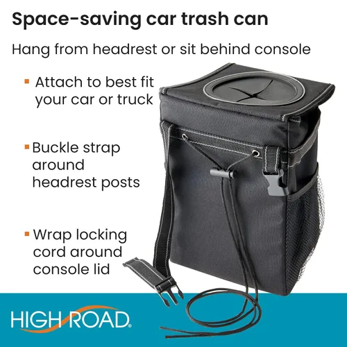 Vista 4 de High Road StashAway - Bote de basura resistente de servicio pesado para automóvil con tapa de goma, 3 bolsillos de almacenamiento y paneles