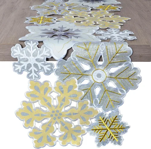 Vista 5 de Grelucgo Juego de 4 manteles individuales bordados a máquina y cortados a mano con copos de nieve de invierno plateados y dorados para Navidad