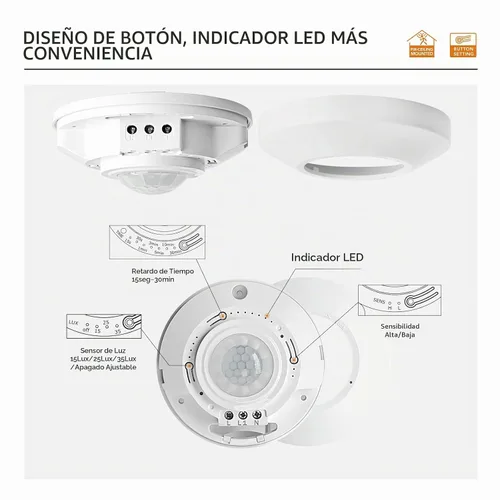 Vista 2 de RAYZEEK Sensor de movimiento de montaje en techo, sensor de movimiento 360, 110V-265V, 1100W, interruptor de sensor de ocupación para techo