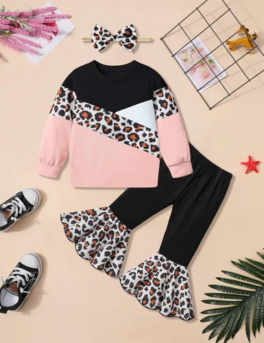 Vista 4 de Queenstyle Sudadera de bloque de color para niña pequeña + pantalones de campana + diadema para otoño e invierno