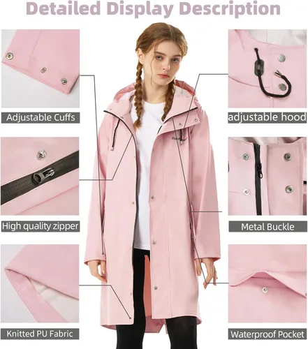 Vista 3 de Chubasquero para mujer, impermeable, con capucha, abrigo de senderismo, ligero, rompevientos, gabardina