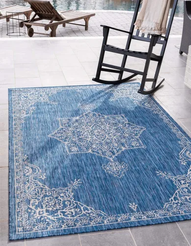 Vista 25 de Unique Loom Alfombra de la colección tradicional para exteriores, antigua (4 pies 1 pulgada, redonda, verde azulado/gris)