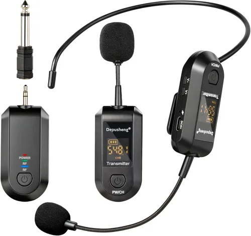 Vista 11 de Depusheng Auriculares de micrófono inalámbrico 2.4G, Lavalier y micrófono de mano rango de 160 pies, con enchufe de 1/8 y 1/4 pulgadas para sistema