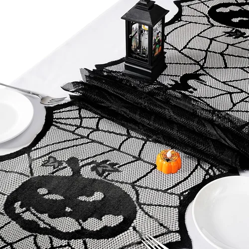 Vista 5 de B-COOL Camino de mesa de telaraña de Halloween, tela de araña negra, 2 paquetes de 18 x 72 pulgadas, mantel espeluznante de poliéster para fiestas