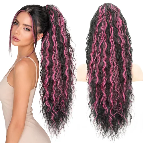 Vista 16 de Extensión de cola de caballo con cordón, extensión de cola de caballo larga y rizada para mujeres negras, extensiones de cabello negro de 26