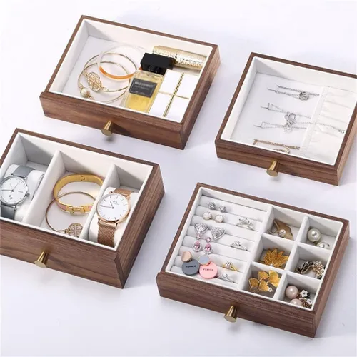 Vista 4 de TREXD - Caja organizadora de joyería de madera para cajones, aretes, anillos, pulseras, collares, joyas