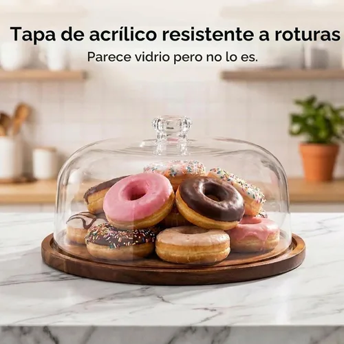 Vista 2 de Godinger - Soporte para tartas, plato para servir tartas con cúpula, madera de acacia y tapa acrílica a prueba de roturas
