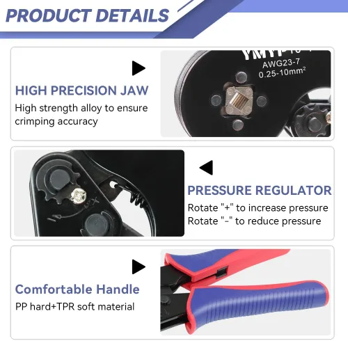Vista 3 de Herramienta de prensado de virola AWG 23-7, crimpadora cuadrada para terminales de manguitos finales - Herramienta de trinquete autoajustable