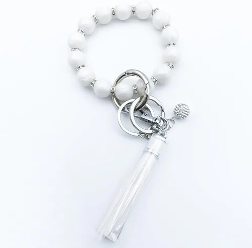 Vista 2 de Unpafcxddyig Pulsera pulsera llavero cuentas de silicona con borla de cuero diamantes de imitación llaveros plata para mujeres y niñas