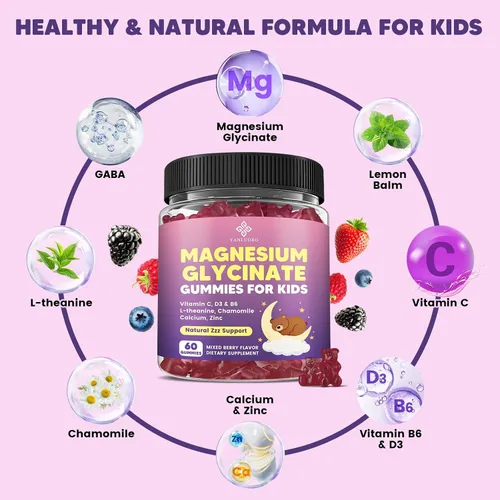 Vista 3 de Gomitas de magnesio para niños, gomitas de glicinato de magnesio 400 mg/200 mg con L-teanina, manzanilla, vitamina B6, D3 para niños, relajación