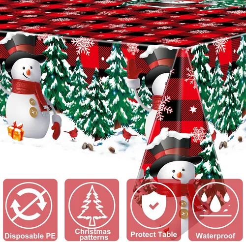 Vista 3 de 2 manteles de plástico desechables de Navidad con diseño de muñeco de nieve, mantel rectangular de Navidad con diseño de copo de nieve y búfalo