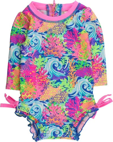 Vista 21 de RuffleButts - Traje de baño de una pieza con protección solar UPF 50+, camiseta de protección floral estampado, manga larga, con cierre zipper