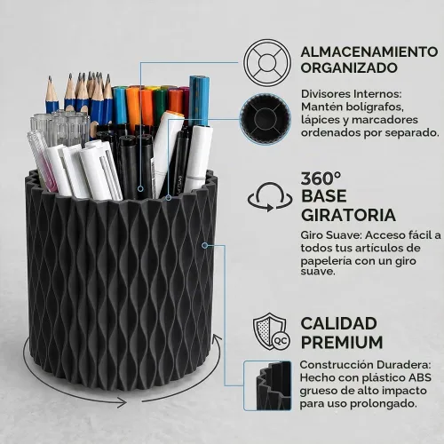 Vista 3 de Lebenrich Soporte estético negro para bolígrafo, organizador giratorio de plástico para lápices, para el hogar, la escuela y la oficina