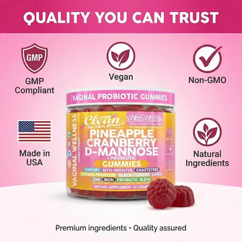 Vista 8 de Clean Nutraceuticals Clean Nutra Pineapple Cranberry D-Manose + Probiotic Gummies 60 unidades Suplemento diario para mujer Gomitas con sabor a