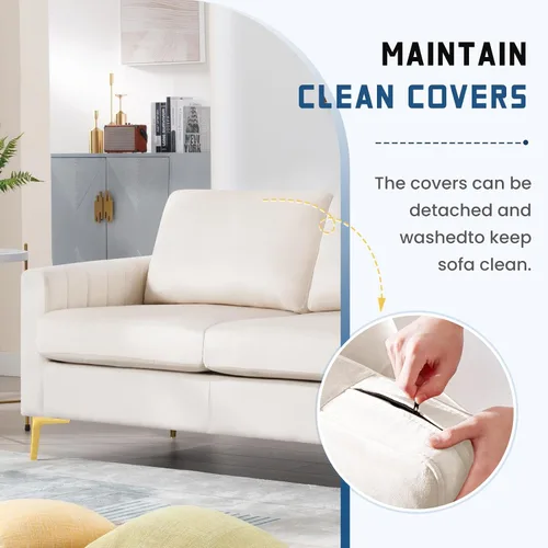 Vista 8 de Sofá de 65 pulgadas blanco para espacios pequeños, moderno y cómodo tapizado de 2 plazas de terciopelo copetudo para sala de estar, dormitorio