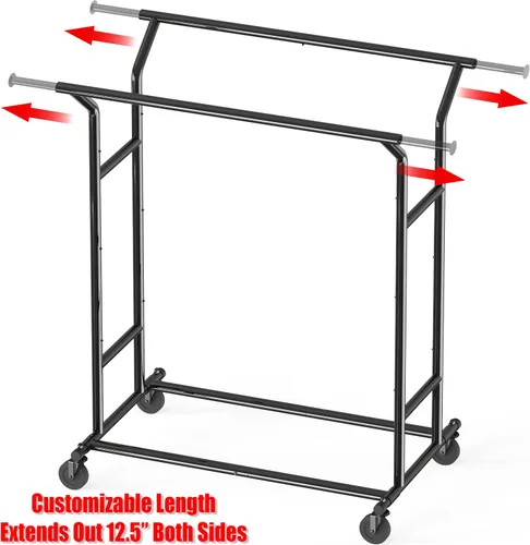 Vista 3 de Simple Houseware - Perchero de ropa de doble riel resistente, color negro, con capacidad de hasta 200 lbs, varilla extensible de 43 a 67 pulgadas