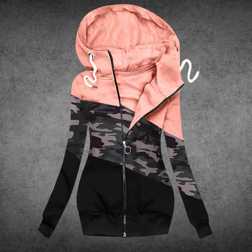 Vista 2 de Chamarras largas con capucha y estampado de camuflaje con cremallera para mujer, sudadera casual suelta con cordón ajustable