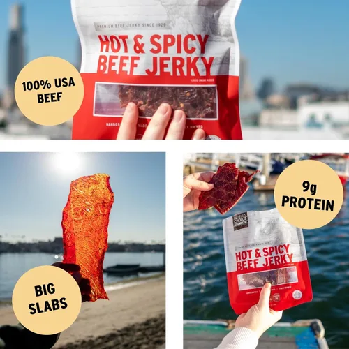 Vista 4 de People's Choice Beef Jerky – Losa Grande Caliente y Picante – Músculo Entero, Rebanadas Finas, Textura de Carne Seca en Losa – 9g de Proteína por