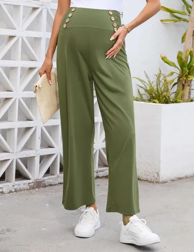 Vista 5 de Pantalones de maternidad para mujer, de cintura alta, con doble botonadura y pierna ancha, pantalones largos sueltos para embarazo, pantalones