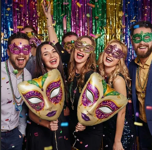 Vista 5 de Globos de Mardi Gras grandes de máscara de papel de aluminio para decoraciones de fiesta de Fat Tuesday divertidas y magníficas, suministros