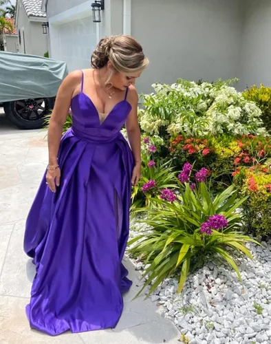 Vista 5 de Zeeyecie Vestido de baile de graduación con hombros descubiertos para mujer vestido largo de satén formal con abertura y bolsillos