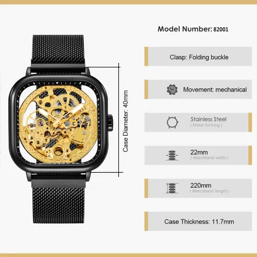 Vista 7 de Fashion Automatic Watches Mechanical Wrist Watch Golden for Mens Skeleton Watches with Stainless Steel Transparent Dial