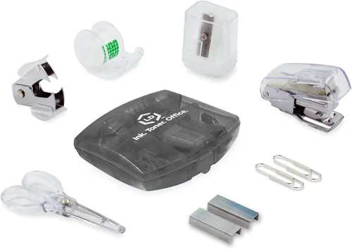 Vista 5 de Kit de suministros de oficina mini LD Products negro estuche portátil con tijeras, clips de papel, juego de dispensador de cinta, sacapuntas