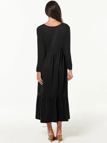 Vista 2 de Paintcolors Vestido largo casual de manga larga con cuello en V para mujer, vestido escalonado, color sólido, holgado, con vuelo, vestido midi