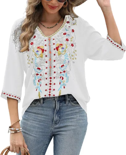 Vista 11 de AK Women's Boho Embroidered Tops 3/4 Sleeve Mexican Peasant Shirts Bohemian Loose Tunic Blouses 355-negro
