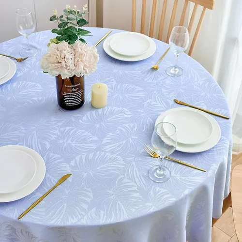 Vista 74 de Mantel Redondo Aqua Jacquard Pequeño de 40 Pulgadas, Manteles para Mesas de hasta 26" de Diámetro, Impermeable, Lavable, Sin Arrugas, Tela Suave
