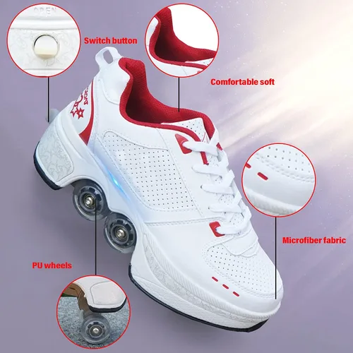 Vista 2 de Zapatos de patinaje convertibles para hombres y mujeres, zapatos de paseo automáticos para niños y adultos, patines con doble fila de ruedas, ruedas