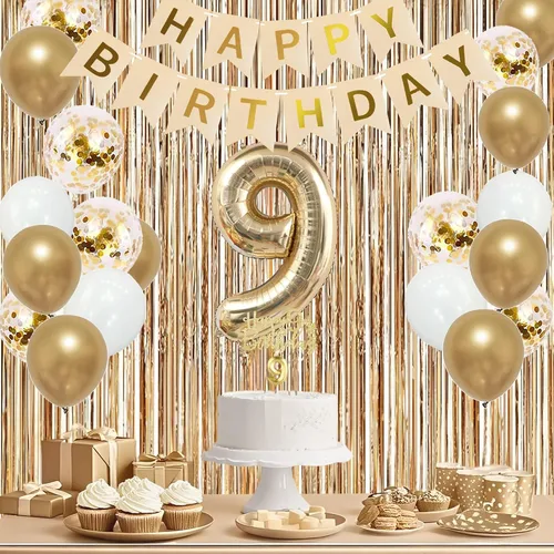 Vista 6 de Trgowaul Decoraciones de 9º cumpleaños para niñas, pancarta, banda y corona, decoración de pastel, globo de número 9, cortinas de flecos
