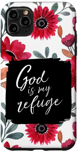 Vista 13 de God is My Refuge - Carcasa para iPhone 16, diseño de flores rojas con versículo bíblico del Salmo 91