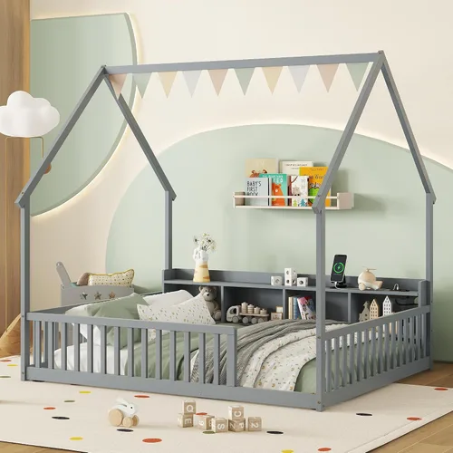 Vista 14 de Bellemave Twin House Floor Bed Frame,Espresso Solid wood montessori bed with storage shelves, built-in LED lights, charging station, no box spring