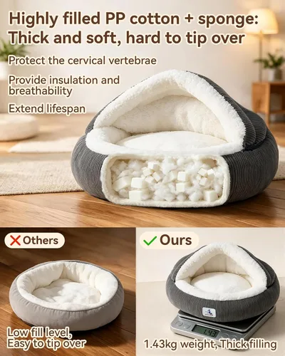 Vista 3 de Cama calmante y acogedora para cueva de perro, madriguera para No se pliega, funda con capucha, camas de capullo lavables, perros medianos y gatos