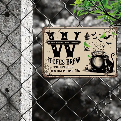 Vista 5 de Letrero de metal vintage con texto en inglés «Witches Brew Potion Shop», 8 x 12 pulgadas, diseño de bruja gótica, para porche, pubs, cafetería