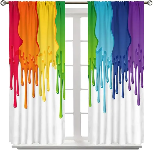 Vista 8 de Cortinas opacas abstractas de arco iris, pintura de color arcoíris con gotas, diseño gráfico creativo con bolsillo para barra, para sala de estar