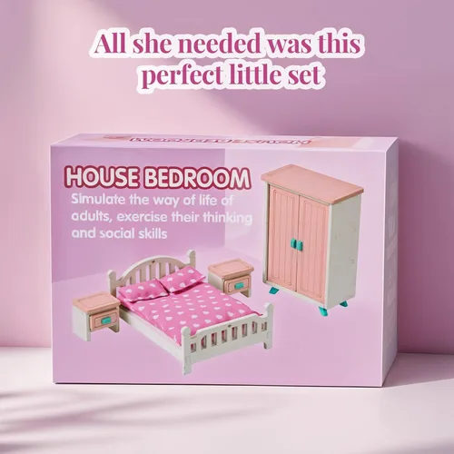 Vista 7 de BABESIDE Juego de muebles de dormitorio de casa de muñecas, 7 piezas de accesorios de casa de muñecas de madera rosa para muñecas de 3 pulgadas