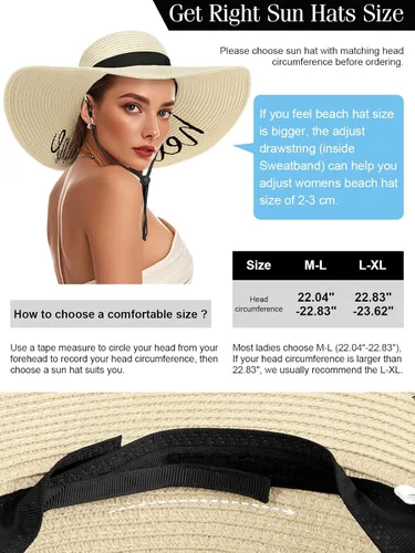 Vista 3 de Sombreros de sol para mujer, sombrero de playa de paja de ala ancha de Beige claro