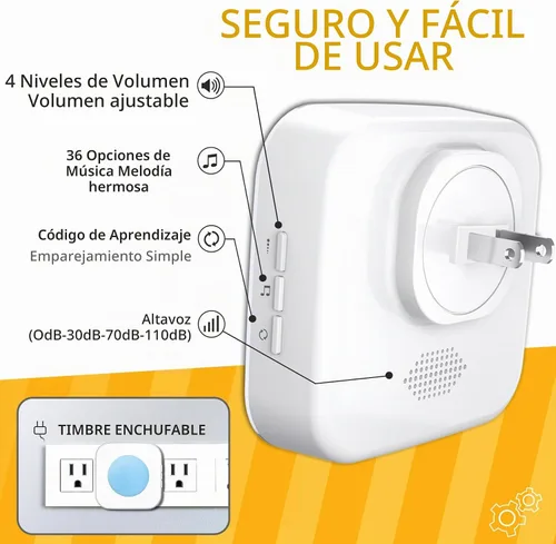 Vista 8 de Timbre de puerta inalámbrico JSIEEM, resistente al agua, timbre de puerta con luz LED flash a 1200 pies, 36 melodías, 4 niveles de volumen