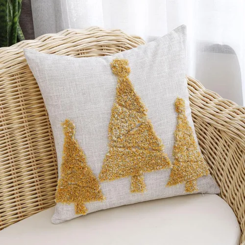 Vista 4 de vctops Funda de cojín cuadrada decorativa con diseño de árbol de Navidad, funda de cojín tejida suave con acento copetudo para sofá, dormitorio Verde