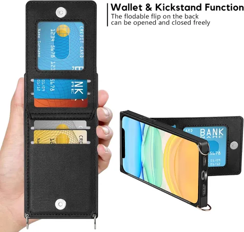 Vista 5 de Vofolen - Funda tipo cartera para iPhone 11 con tarjetero y bloqueo RFID, color negro Crossbody Adjustable Strap Purse Magnetic Clasp Heavy Duty