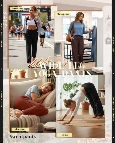 Vista 139 de Neer - Conjunto de 3 pantalones de yoga de pierna ancha para mujer - Pantalones deportivos cómodos, holgados, de cintura alta y casuales